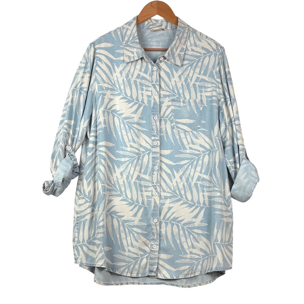 Soft Surroundings Long Sleeve Button Down Tunic M Blue Palm Leaf Tropical Beachy